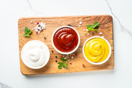Ketchup, mayonnaise and mustard in the bowls on cutting board. Top view with space for text.の写真素材