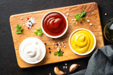 Ketchup, mayonnaise and mustard in the bowls on black background. Top view with space for text.