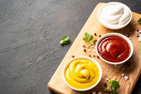 Ketchup, mayonnaise and mustard in the bowls on black background.