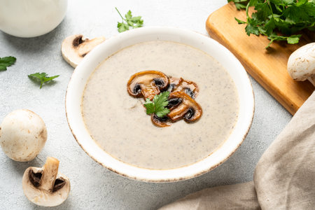 Mushroom soup, cream soup puree on white background. Close up.の写真素材