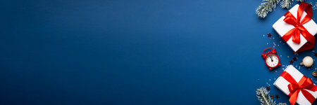 Christmas presents, clock, decorations and fir tree branches at blue background. Web banner format.の写真素材