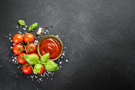 Fresh tomatoes, cherry tomato, ketchup sauce, basil and spices. Top view on black kitchen table.