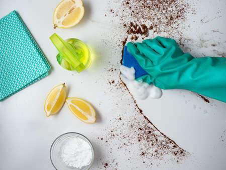 Environmentally friendly cleaning supplies: soda,vinegar and lemon.の写真素材