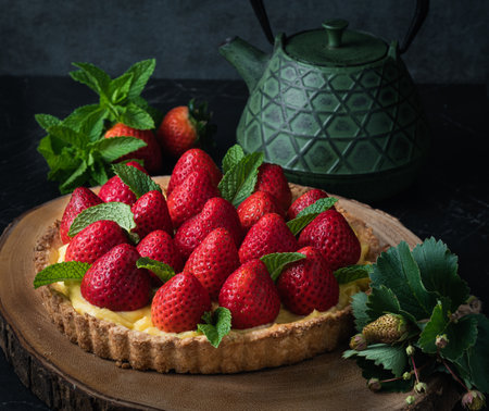 Strawberry tart on a wooden board with strawbery leaves and mint on the side. Cast iron green teapot standing next to the tart.の写真素材