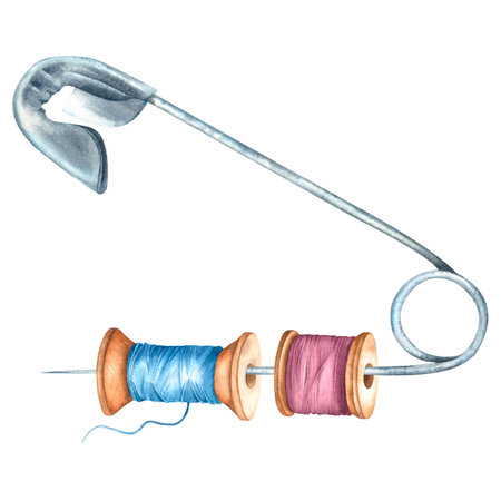 A composition of safety pin with spools of blue and pink thread. Hand drawn watercolor illustration isolated of sewing supplies on white background. Design for stickers, posters.の写真素材