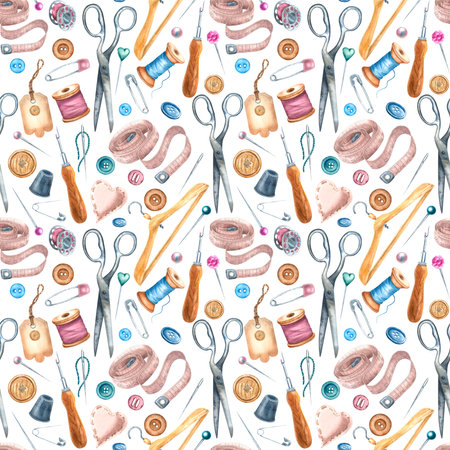Seamless pattern with scissors, spools of threads, pins, tape measure, thimble, buttons, hanger and needles. Hand drawn watercolor illustration for print, textile design, cards.の写真素材