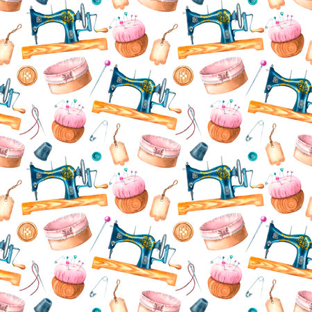 Seamless pattern with sewing machine, pincushion, safety pin, thimble, buttons, pins, buttons and needles. Hand drawn watercolor illustration for print, textile design, cards.の写真素材