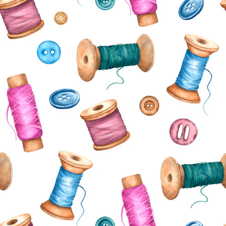 Seamless watercolor surface pattern of spools of sewing thread and buttons. Hand drawn illustration on isolated background. Use for print design, for cards, wallpaper, fabrics.の写真素材