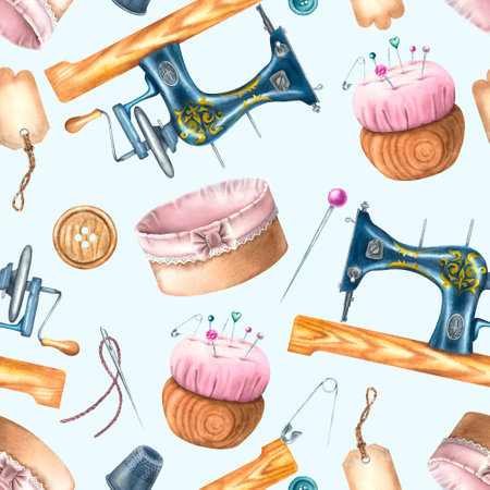 Seamless pattern on a colored background with sewing machine, pincushion, safety pin, thimble, buttons and needles. Hand drawn watercolor illustration for print, textile design.の写真素材