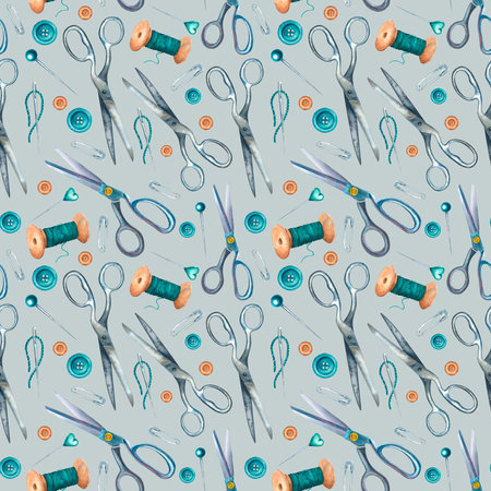 Seamless pattern on a colored background with scissors, spools of threads, safety pins, buttons, needles. Hand drawn watercolor illustration for wrapping pap, packaging, wallpaper.の写真素材