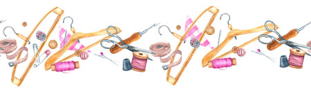 Seamless border with wooden hangers, scissors, seam ripper, flexible tape measure, threads, safety...
