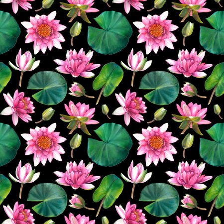 Seamless Pattern with green leaves, blooming water lily flowers and buds. Hand drawn watercolor illustration of lotus for wrapping paper, wallpaper or textile design.の写真素材