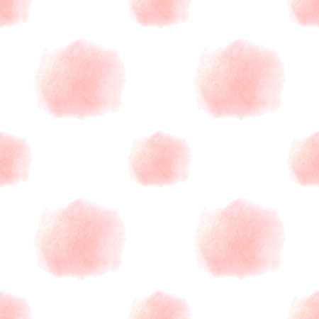Seamless pattern of abstract light pink watercolor stain isolated on white background. Hand drawn illustration of blot. Delicate pastel spot for background, printing on paper.の写真素材