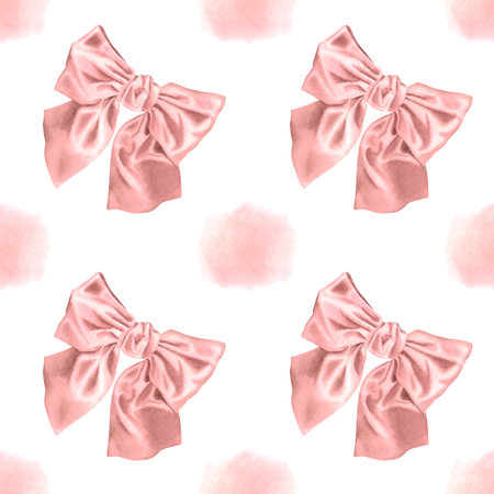 Seamless pattern of abstract pink watercolor stain and ribbon bow isolated on white background. Hand drawn illustration. Delicate design for background, card, packaging, fabric.の写真素材