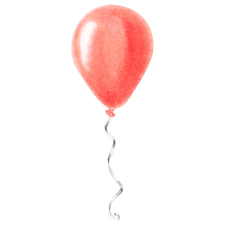 Balloon soft red hue. Hand drawn watercolor illustration of decoration element on white isolated background. Perfect for baby showers, birthday celebration invitations.の写真素材