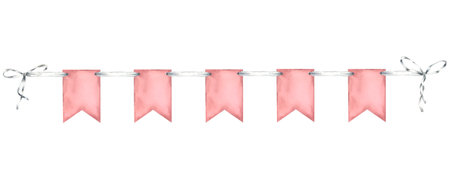 Hanging garland with rectangle flags in pink pastel color. Hand drawn watercolor illustration of pennant for baby party design on isolated background. Bunting for banner.の写真素材