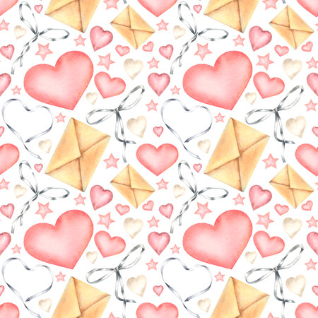 Watercolor seamless pattern with envelopes, hearts, stars and bows in pastel colors on white background. Hand drawn illustration for Valentine's Day textile or childish wallpaper.の写真素材