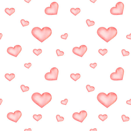 Seamless watercolor pattern with small red hand drawn hearts tossed on white isolated background. Simple cute Valentines day illustration. For wrapping paper, packaging, wallpaper.の写真素材