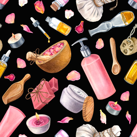 Seamless pattern with mortar and pestle, rose petals, soap, droplet bottle, loofah, bottle of lotion, body butter. Hand drawn watercolor illustration on black isolated background.の写真素材