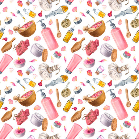 Seamless pattern with mortar and pestle, rose petals, soap, droplet bottle, loofah, bottle of lotion, body butter. Hand drawn watercolor illustration on white isolated background.の写真素材