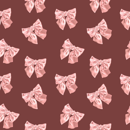 Girl seamless pattern with satin bows. Watercolor hand drawn background of cute hair ribbon for print or textile isolated on red. Illustration for bed linen or nursery wallpaper.の写真素材