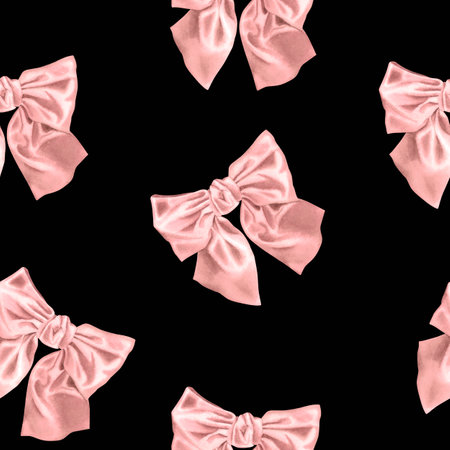 Seamless watercolor pattern with satin ribbon bow in pink color isolated on black background. Hand drawn illustration. Delicate pastel design for background, card, packaging.の写真素材