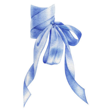 Blue satin ribbon bow. Hand drawn watercolor illustration of silk knot on isolated background for flowers or present. Drawing of ornate textile tape for decor of floral bouquetの写真素材