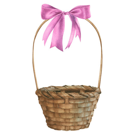 Wicker round basket with handle and pink satin ribbon bow. Hand drawn watercolor illustration of empty wooden container on isolated background. Element for Easter decor.の写真素材