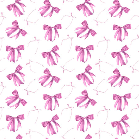 Seamless watercolor pattern with satin ribbon bow in pink color isolated on white background. Hand drawn illustration. Delicate pastel design for background, card, packagingの写真素材