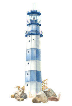 The lighthouse stands among rocks and dry grass. Hand drawn watercolor illustration of beacon on isolated background. Drawing for Baby shower design in nautical style. Landscapeの写真素材