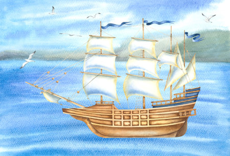 Seascape with a sailing ship in the foreground and seagulls flying around. A hand drawn watercolor...