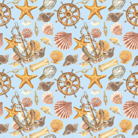 Seamless pattern with anchor, starfish, whimsical seashells, steering wheel, bottle, paper scroll,...