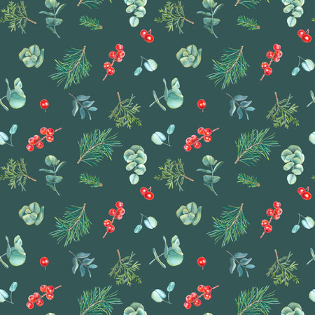 Watercolor seamless pattern with red berries of ilex, spruce twigs, eucalyptus, thuja. Hand drawn...