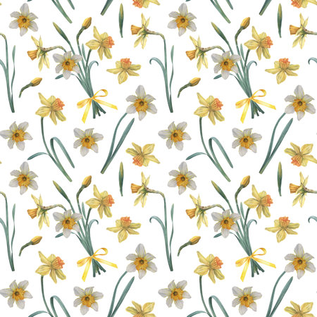 Bouquet of narcissus with green leaves and buds. Hand drawn botanical watercolor seamless pattern on white background, perfect for cards, wedding designs, botanical prints, textile and wallpapersの写真素材