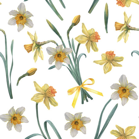 Bouquet of narcissus with green leaves and buds. Hand drawn botanical watercolor seamless pattern on white background, perfect for cards, wedding designs, botanical prints, textile and wallpapersの写真素材