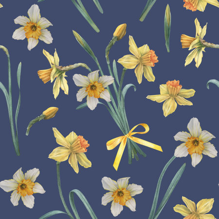 Bouquet of narcissus with green leaves and buds. Hand drawn botanical watercolor seamless pattern on blue background. Perfect for cards, wedding designs, botanical prints, textile and wallpapersの写真素材