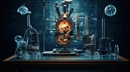 Rendering Microscope with chemical tube and glassware in laboratory. AI generated imageの素材