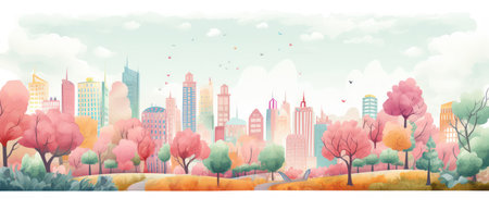 Hand drawn cityscape cartoon on pastel color background. AI generatedの素材