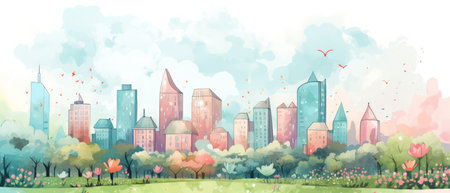 Hand drawn cityscape cartoon on pastel color background. AI generatedの素材