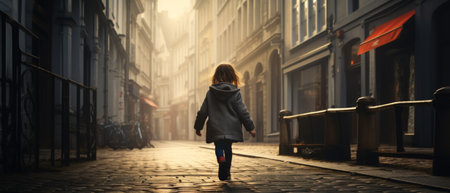 Little girl walking alone on empty street of town. AI generated imageの素材