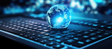 Computer part keyboard with digital technology glowing globe and multimedia iconsの素材