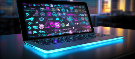 Closeup of computer keyboard with digital technology multimedia iconsの素材