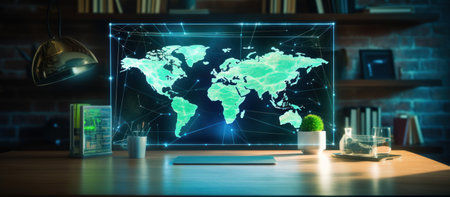 International connection concept with Double exposure of map hologram drawing over computer desktopの素材