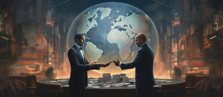 Rendering illustration businessman Handshakes with map of the world in backgroundの素材