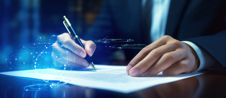 Businessman sign on signature agreement with tablet by Stylus penの素材