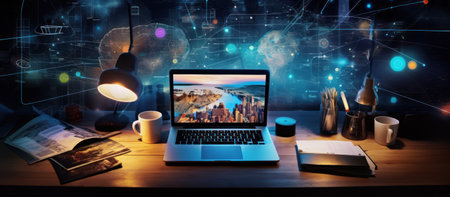 Digital computer screen with double exposure of data hologram over office backgroundの素材