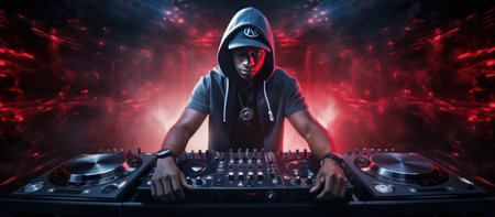 African american disc jockey man performance in nightclub in colorful smoke backgroundの素材