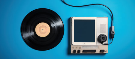 Top view flat lay of vintage vinyl record and earphones on blue backgroundの素材