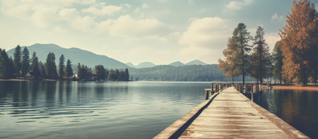 Beautiful vintage toned of wooden lake pier in deep water landscapeの素材