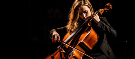 A pretty young woman playing her cello of classical instrument on black backgroundの素材